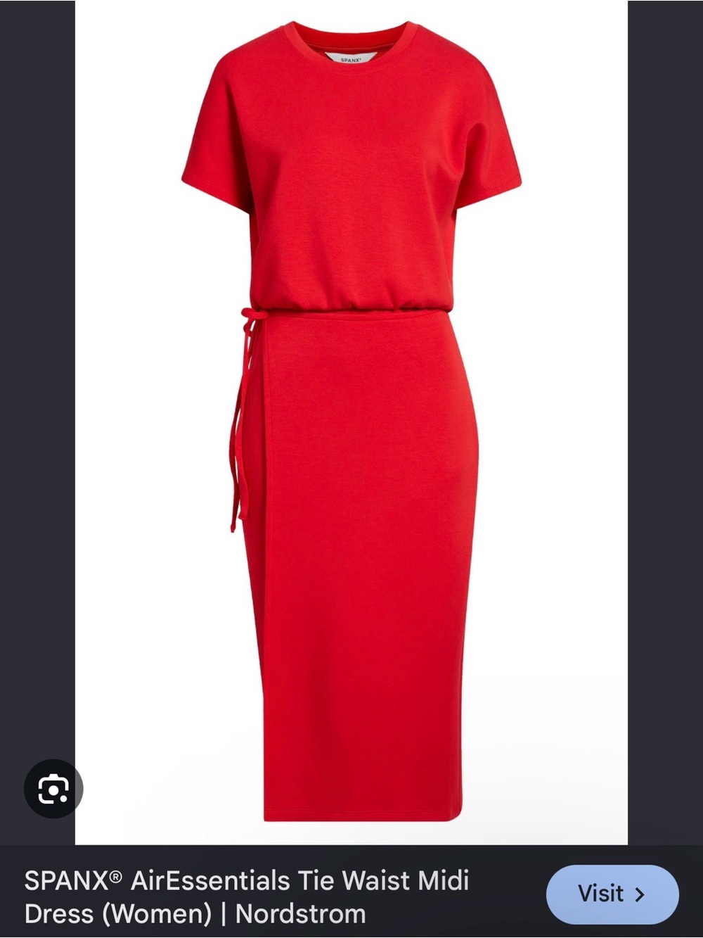 SPANX Red Tie-Waist Midi Dress with Crew Neck